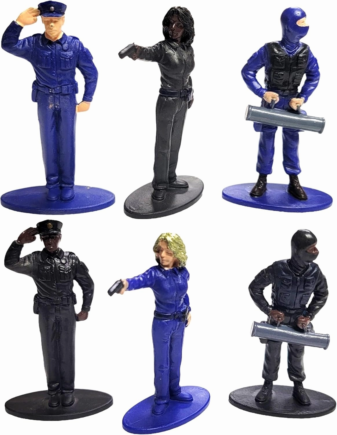 Free Standing Blue and Black Toy Police Figures (2.5") Plastic. Miniature Collection: Swat, Riot Gear, Patrol, Traffic, Breaking in, Point Blank Shooting, Female Officer. (6 Blue   6 Black, 12, Pack)