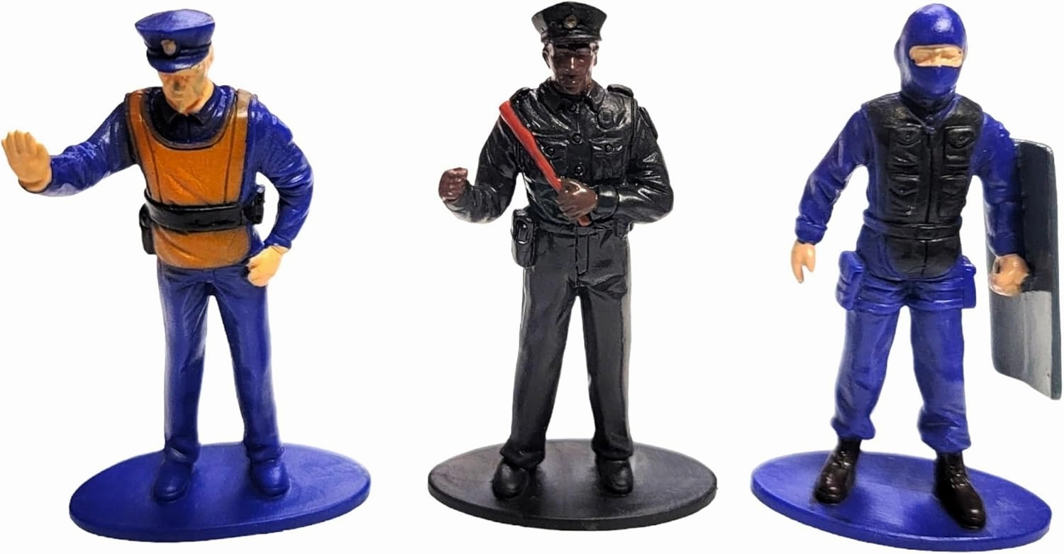 Free Standing Blue and Black Toy Police Figures (2.5") Plastic. Miniature Collection: Swat, Riot Gear, Patrol, Traffic, Breaking in, Point Blank Shooting, Female Officer. (6 Blue   6 Black, 12, Pack)