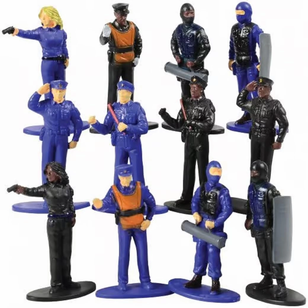 Free Standing Blue and Black Toy Police Figures (2.5") Plastic. Miniature Collection: Swat, Riot Gear, Patrol, Traffic, Breaking in, Point Blank Shooting, Female Officer. (6 Blue   6 Black, 12, Pack)