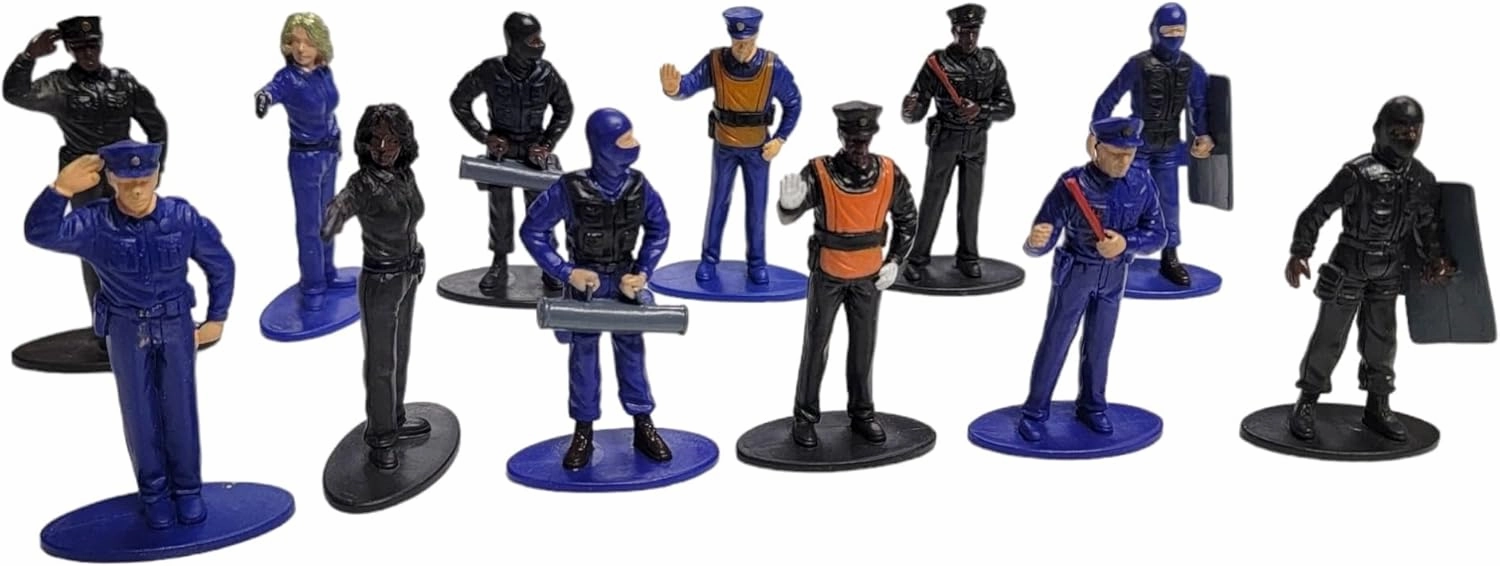 Free Standing Blue and Black Toy Police Figures (2.5") Plastic. Miniature Collection: Swat, Riot Gear, Patrol, Traffic, Breaking in, Point Blank Shooting, Female Officer. (6 Blue   6 Black, 12, Pack)