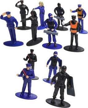 Free Standing Blue and Black Toy Police Figures (2.5") Plastic. Miniature Collection: Swat, Riot Gear, Patrol, Traffic, Breaking in, Point Blank Shooting, Female Officer. (6 Blue   6 Black, 12, Pack)
