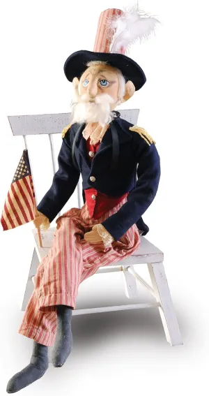 GALLERIE II Uncle Sam Large Folk Art Doll Figure, Fourth of July Collectible Decorations Americana Patriotic Joe Spencer Gathered Traditions Decor Blue
