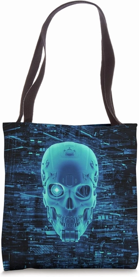 Gamer Virtual Gaming Dark Hacker Robot Cyborg Skull Blue Tote Bag