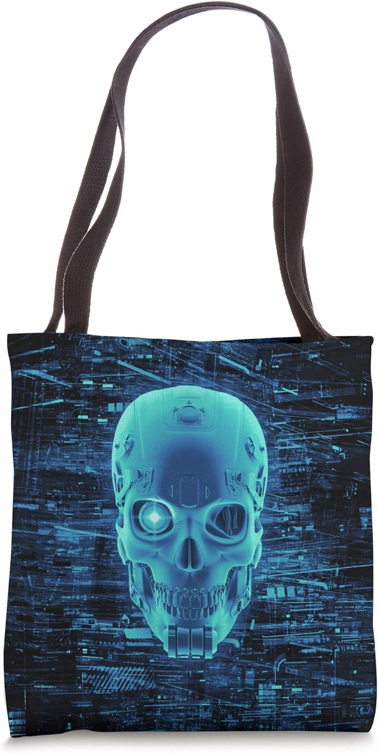 Gamer Virtual Gaming Dark Hacker Robot Cyborg Skull Blue Tote Bag