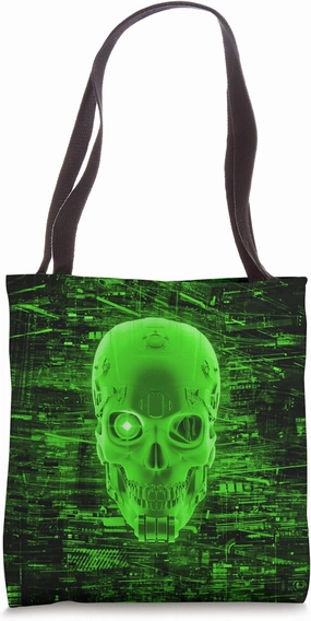 Gamer Virtual Gaming Dark Hacker Robot Cyborg Skull Green Tote Bag