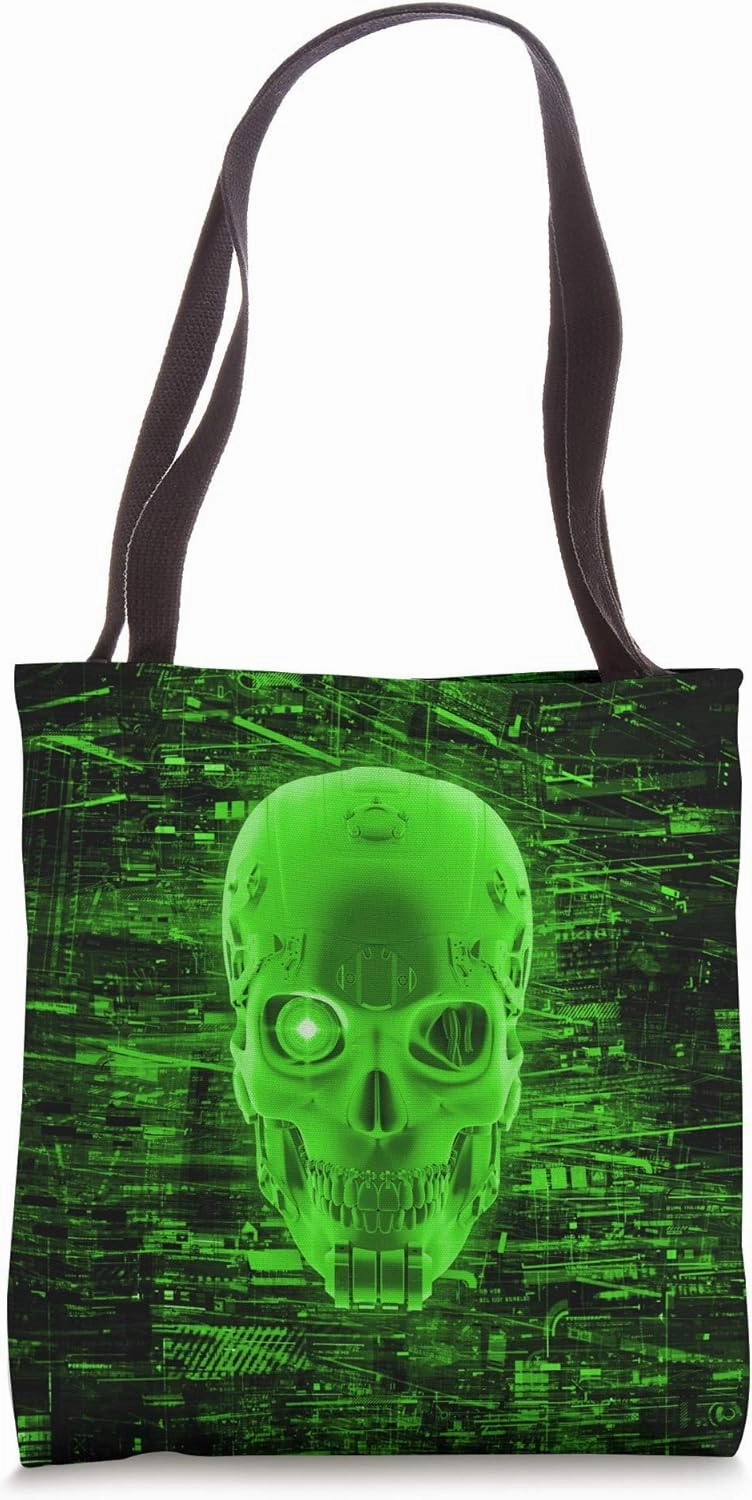 Gamer Virtual Gaming Dark Hacker Robot Cyborg Skull Green Tote Bag