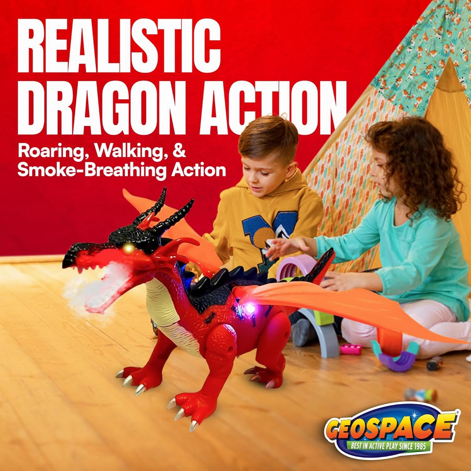 Geospace New Dragon Walking Dinosaur Toy – Smoke Breathing Fire Dragon Toy for Kids 3 & up, Walking Dinosaur Toys with Lights, Roaring Sound, Dragons Action Figure, Dragons for Gift (Luna)