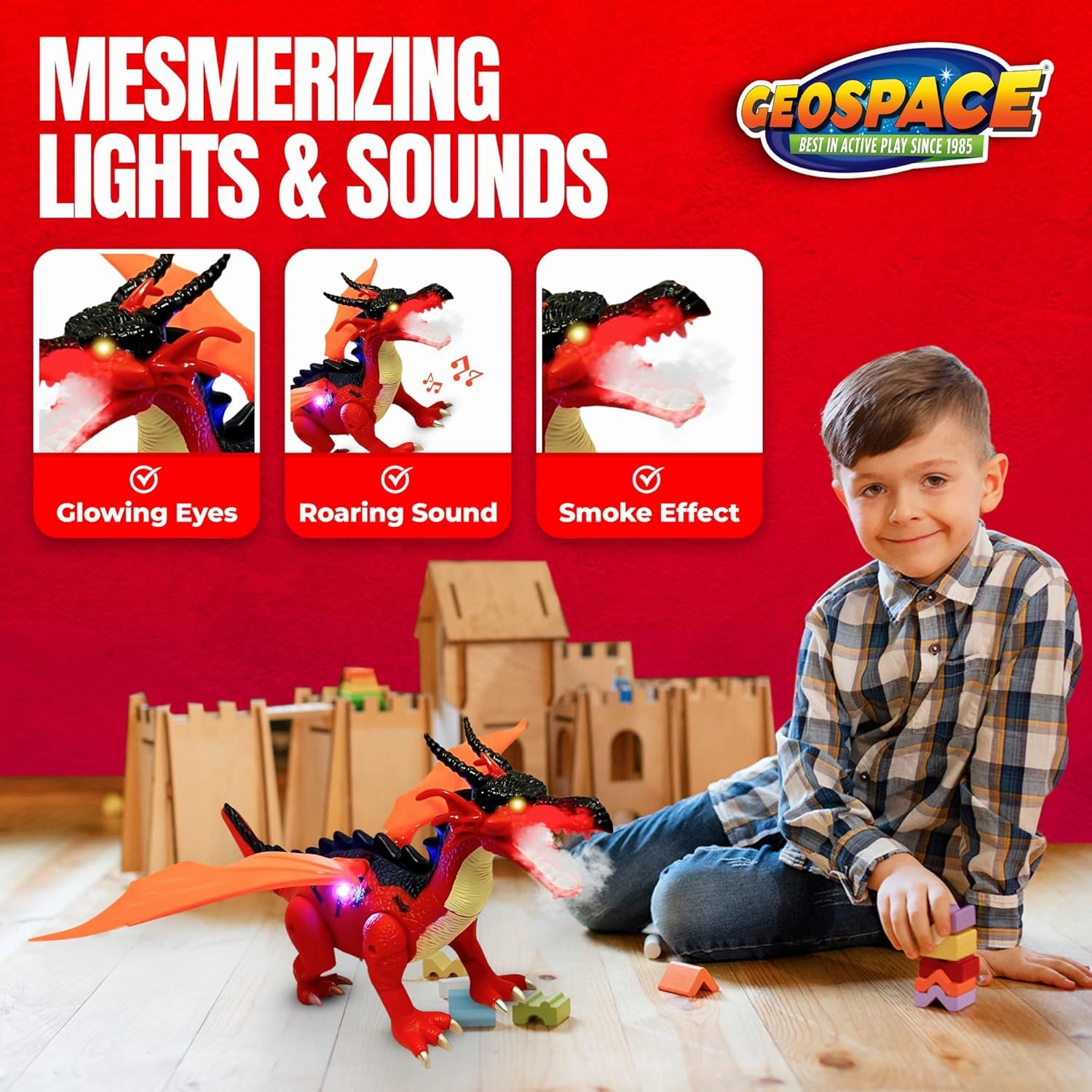 Geospace New Dragon Walking Dinosaur Toy – Smoke Breathing Fire Dragon Toy for Kids 3 & up, Walking Dinosaur Toys with Lights, Roaring Sound, Dragons Action Figure, Dragons for Gift (Luna)