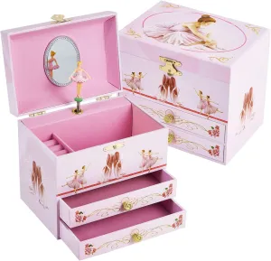 Girl's Ballerina Musical Jewelry Box with 2 Drawers,Music Box with Spinning Ballerina,Girls Gift for 3-12 Years Old Kids Toys Jewel Storage Box