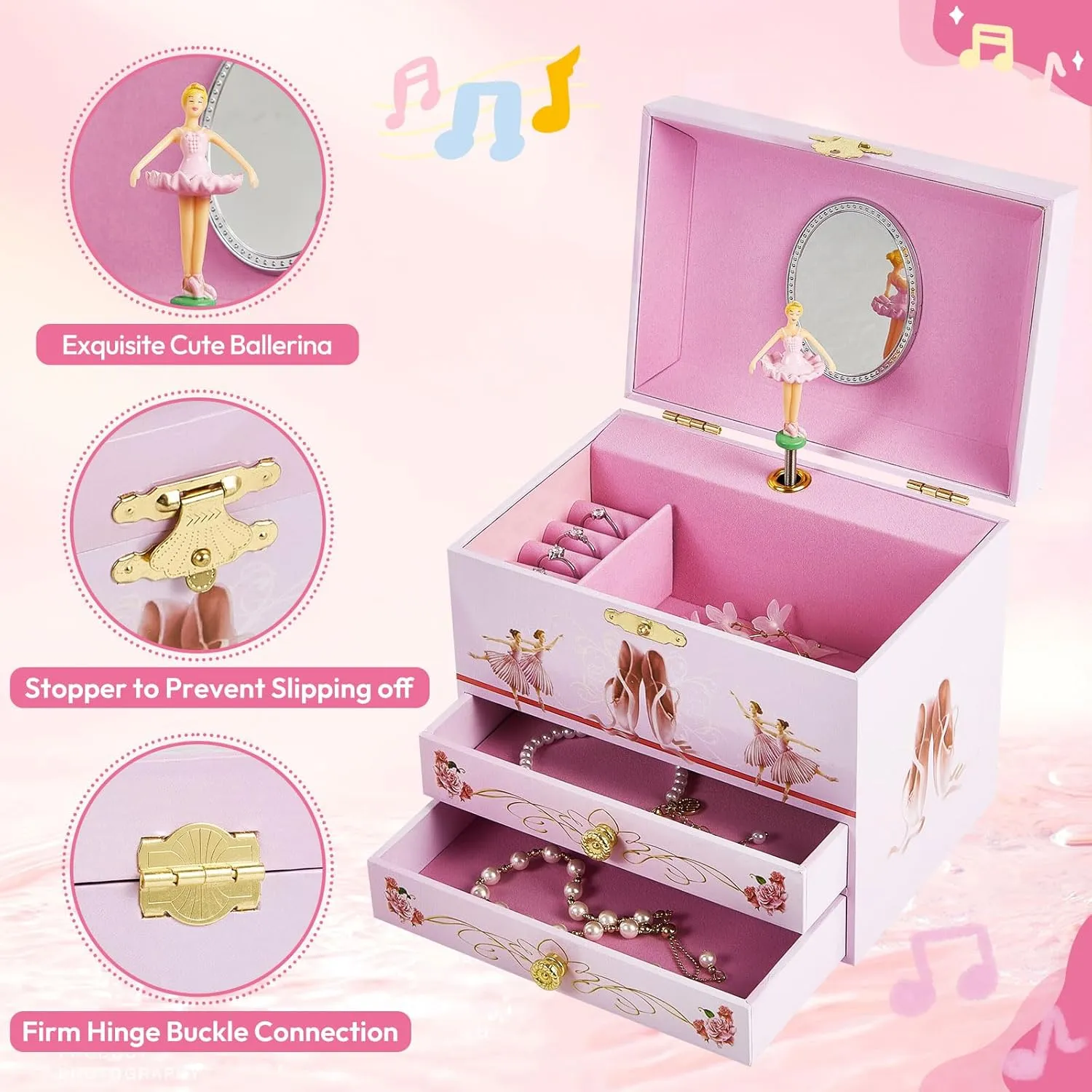 Girl's Ballerina Musical Jewelry Box with 2 Drawers,Music Box with Spinning Ballerina,Girls Gift for 3-12 Years Old Kids Toys Jewel Storage Box