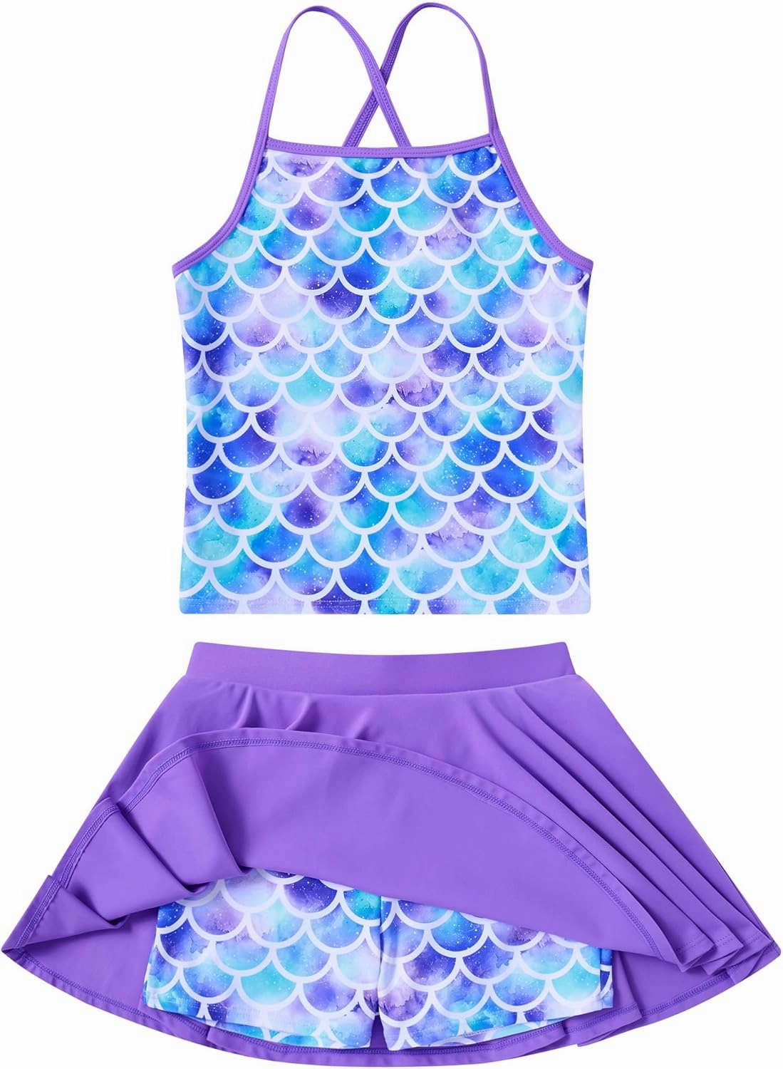 Girls Tankini Swimsuit Mermaid Bathing Suits Criss-Cross Strap Adjustable Summer Beach Two Piece Swimwear Size 4-12