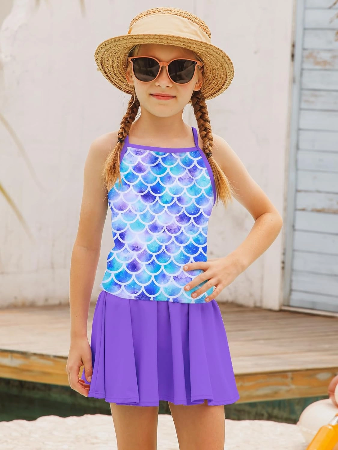 Girls Tankini Swimsuit Mermaid Bathing Suits Criss-Cross Strap Adjustable Summer Beach Two Piece Swimwear Size 4-12