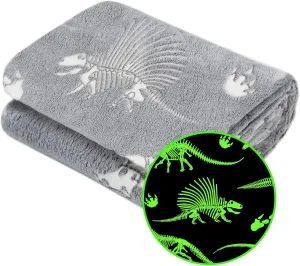 Glow in The Dark Blanket Dinosaur Throw Blanket for Boys Kids Soft Warm Cozy Cute Dino Blanket Unique Dinosaurs Toys Gifts Gray Glowing Dinosaur Room Decor Blankets for Girls Teens 50"x60"