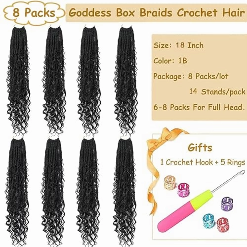 Goddess Box Braids Crochet Hair for Black Women 18 Inch 8 Packs Boho Crochet Braids Bohemian Knotless Box Braids Short Goddess Braids Crochet Hair(18 Inch (Pack Of 8),1B)