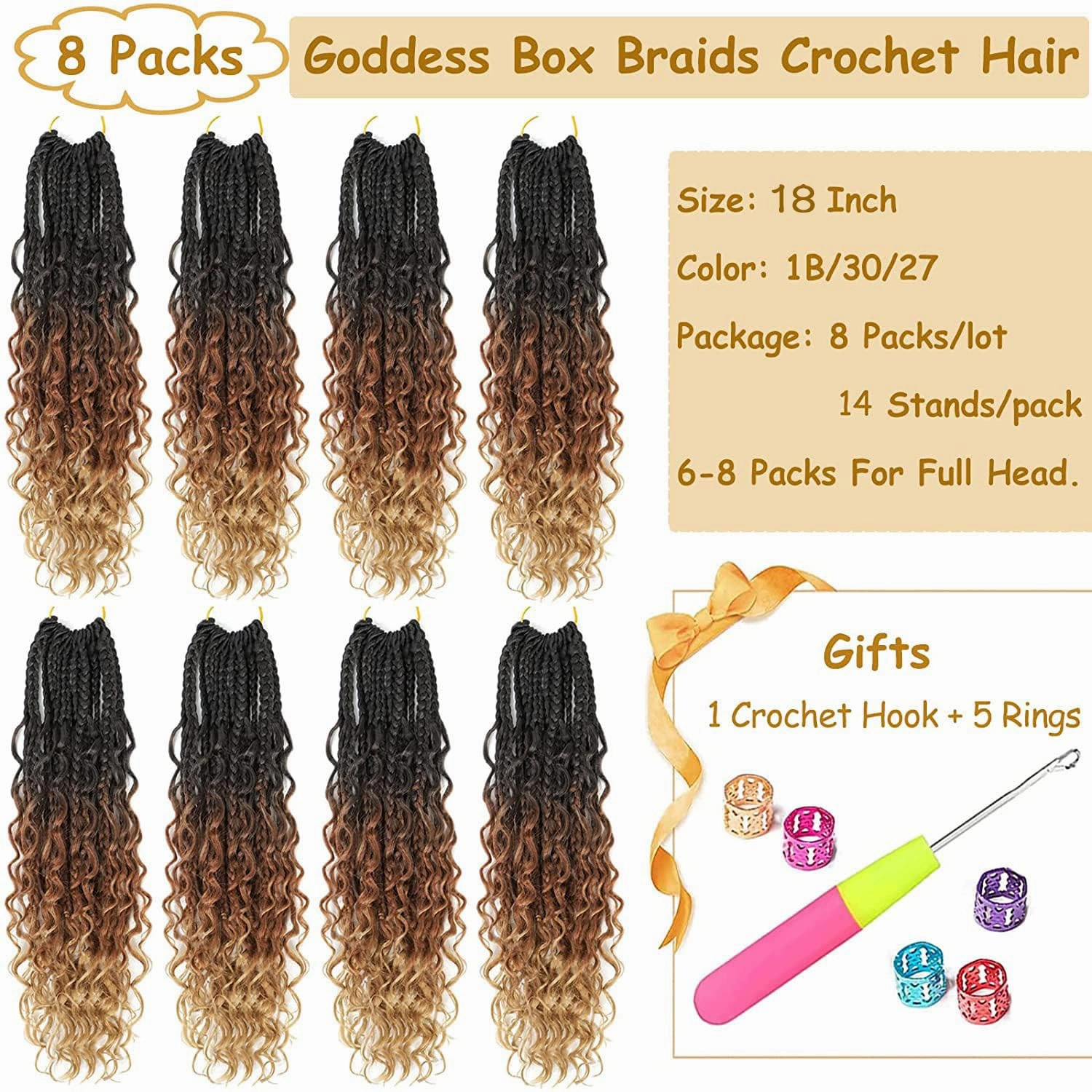 Goddess Box Braids Crochet Hair for Black Women 18 Inch 8 Packs Boho With Curly Ends Pre-Looped Bohemian Knotless Long Mermaid Crochet Hair (1B/30/27)