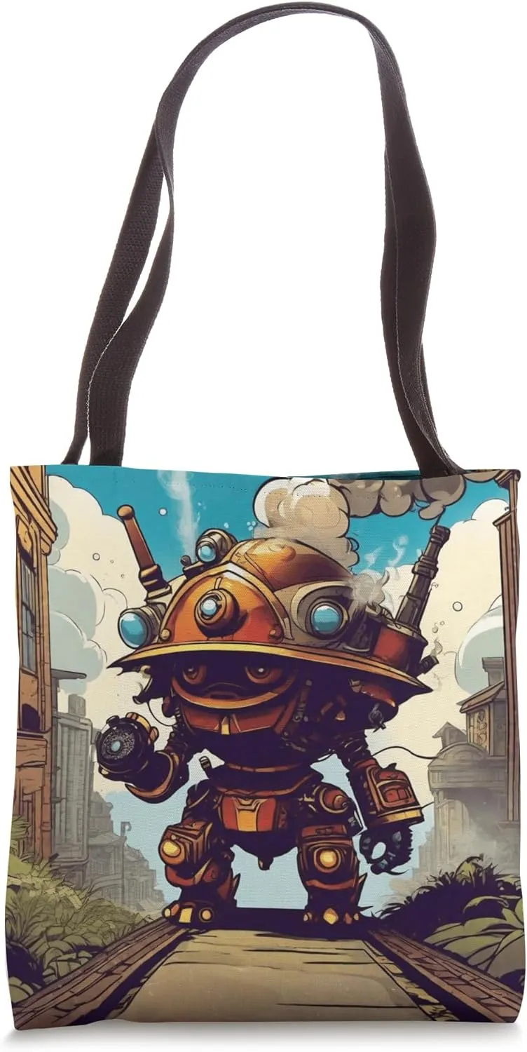 Goofy Robot Invasion Comic Book Style Dystopian Scifi Print Tote Bag