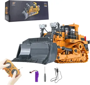 GoolRC RC Bulldozer, 1:24 Scale Remote Control Bulldozer, 2.4GHz 9 Channel RC Construction Truck, Engineering Vehicles Educational Toys with Light and Music for Kids, Boys and Girls