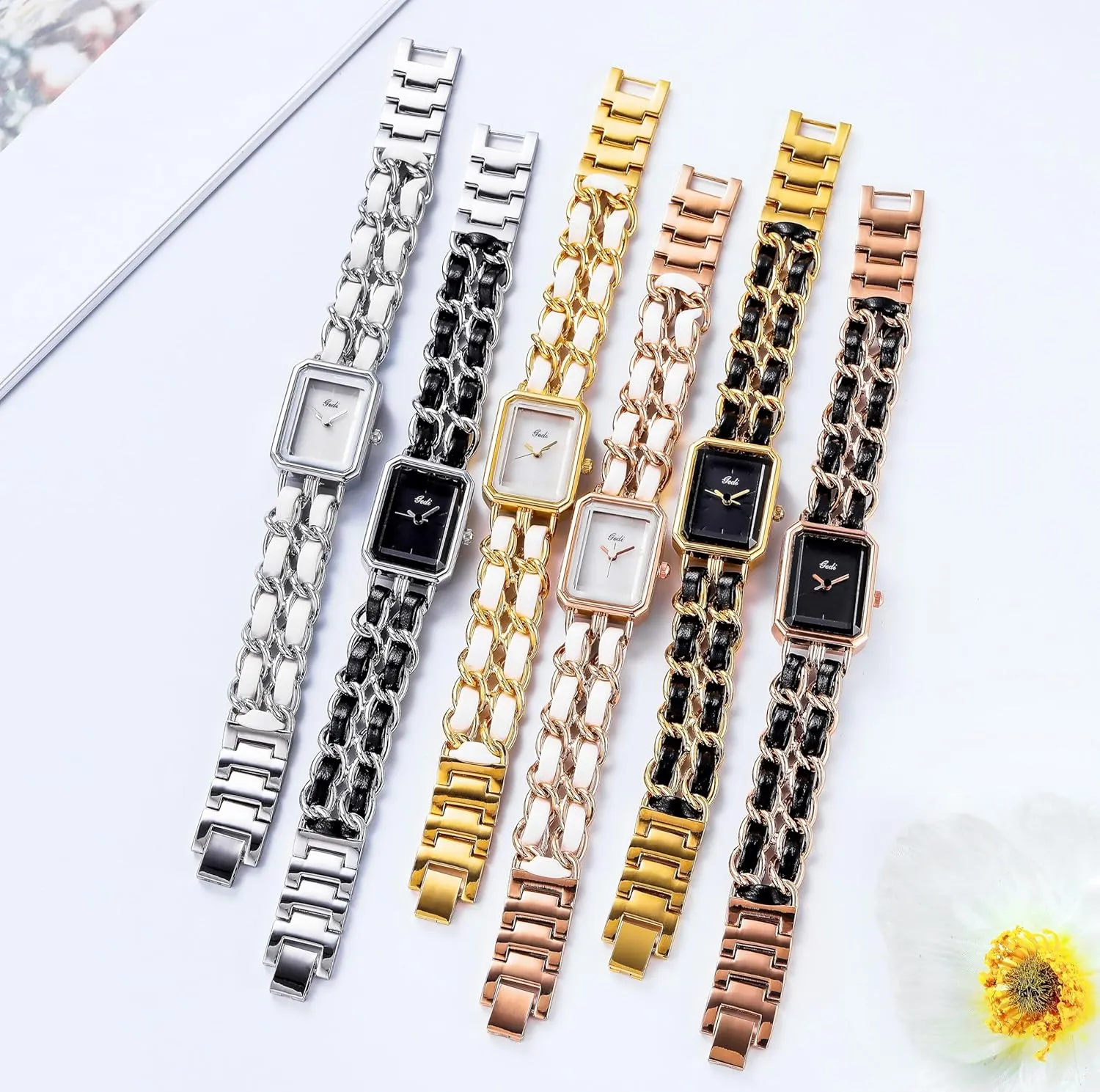 Gosasa Women's Elegant Dress Watch Chain Braid Band Fashion Square Bracelet Watches for Women Retro Minimalist Analog Quartz Waterproof Ladies Watch