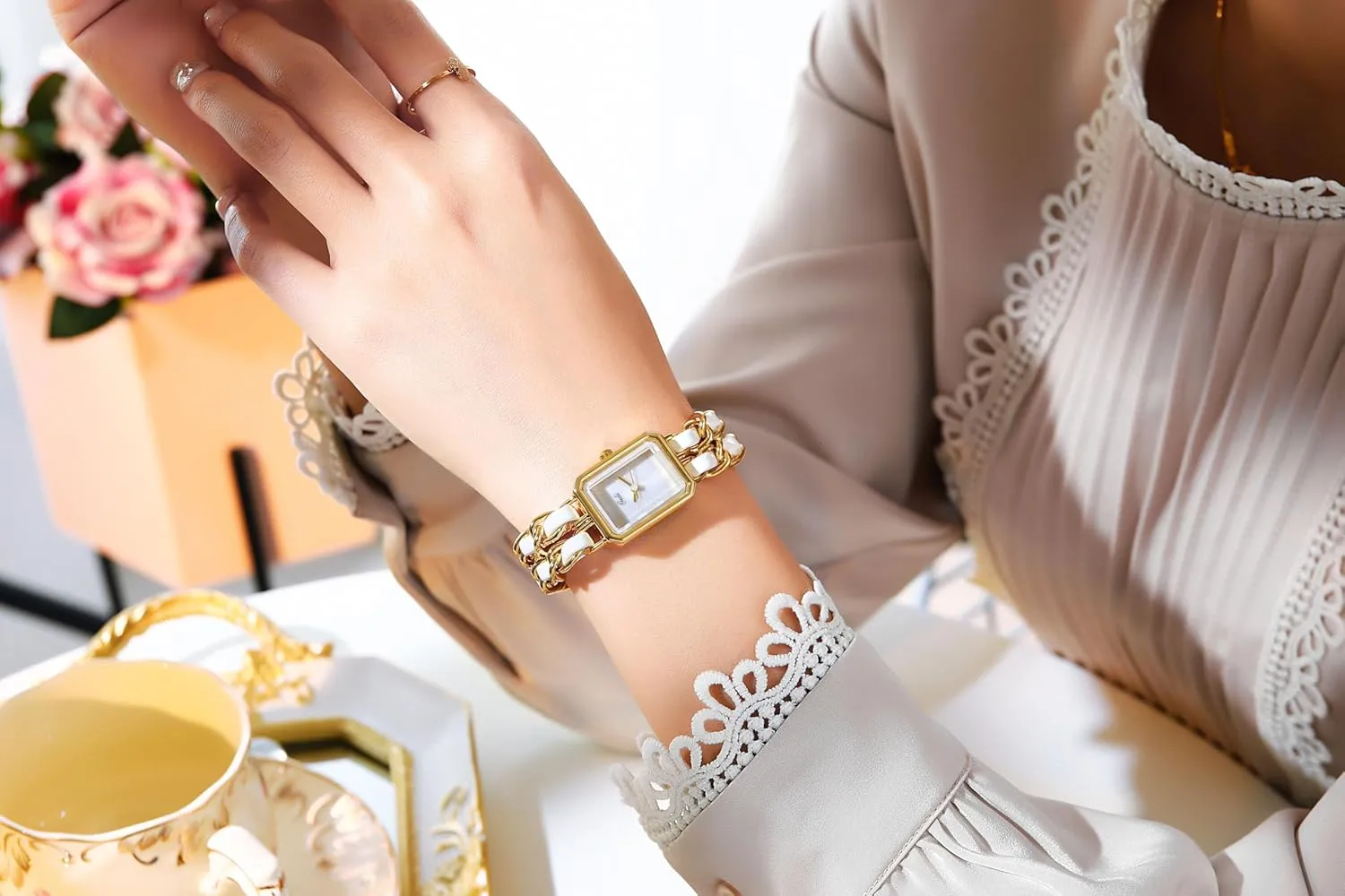 Gosasa Women's Elegant Dress Watch Chain Braid Band Fashion Square Bracelet Watches for Women Retro Minimalist Analog Quartz Waterproof Ladies Watch