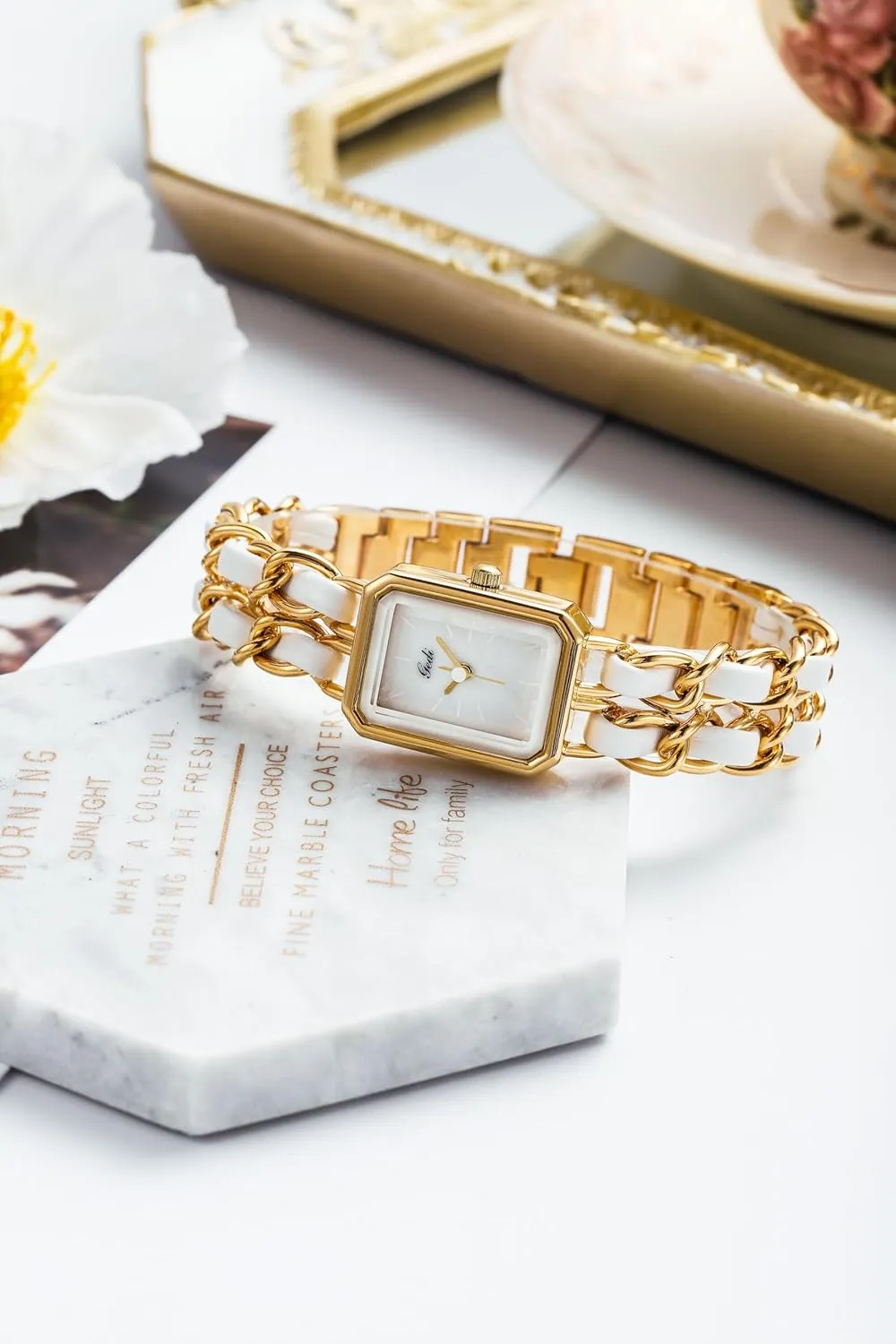Gosasa Women's Elegant Dress Watch Chain Braid Band Fashion Square Bracelet Watches for Women Retro Minimalist Analog Quartz Waterproof Ladies Watch