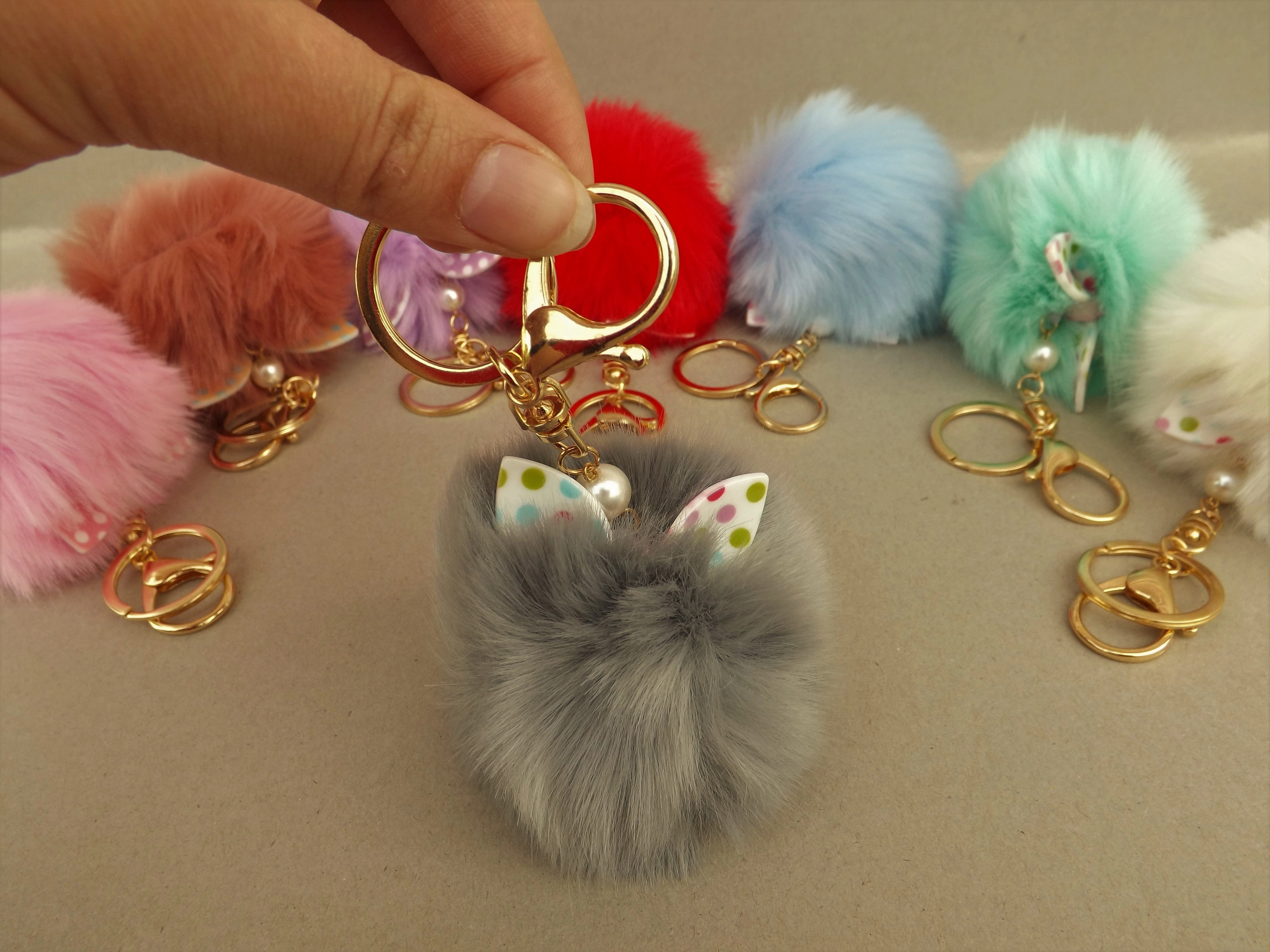 Grey Fluffy Pompom With Rabbit Ears, Key Rings & Purse Clip