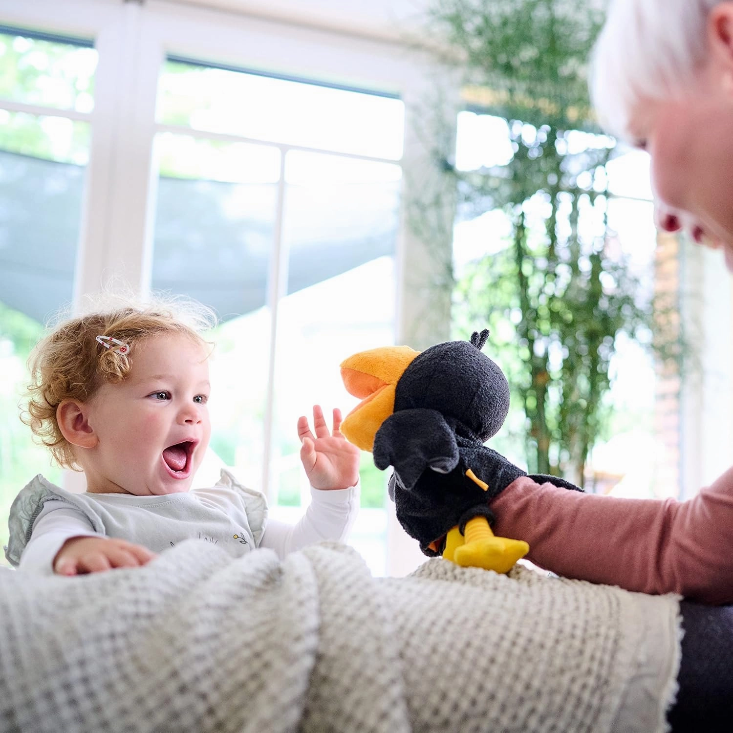 HABA Theo The Raven Hand Puppet - Interactive Puppet Show Toy with Cherries, Pretend Play Set and Toddler Toys for 18 Months and Up