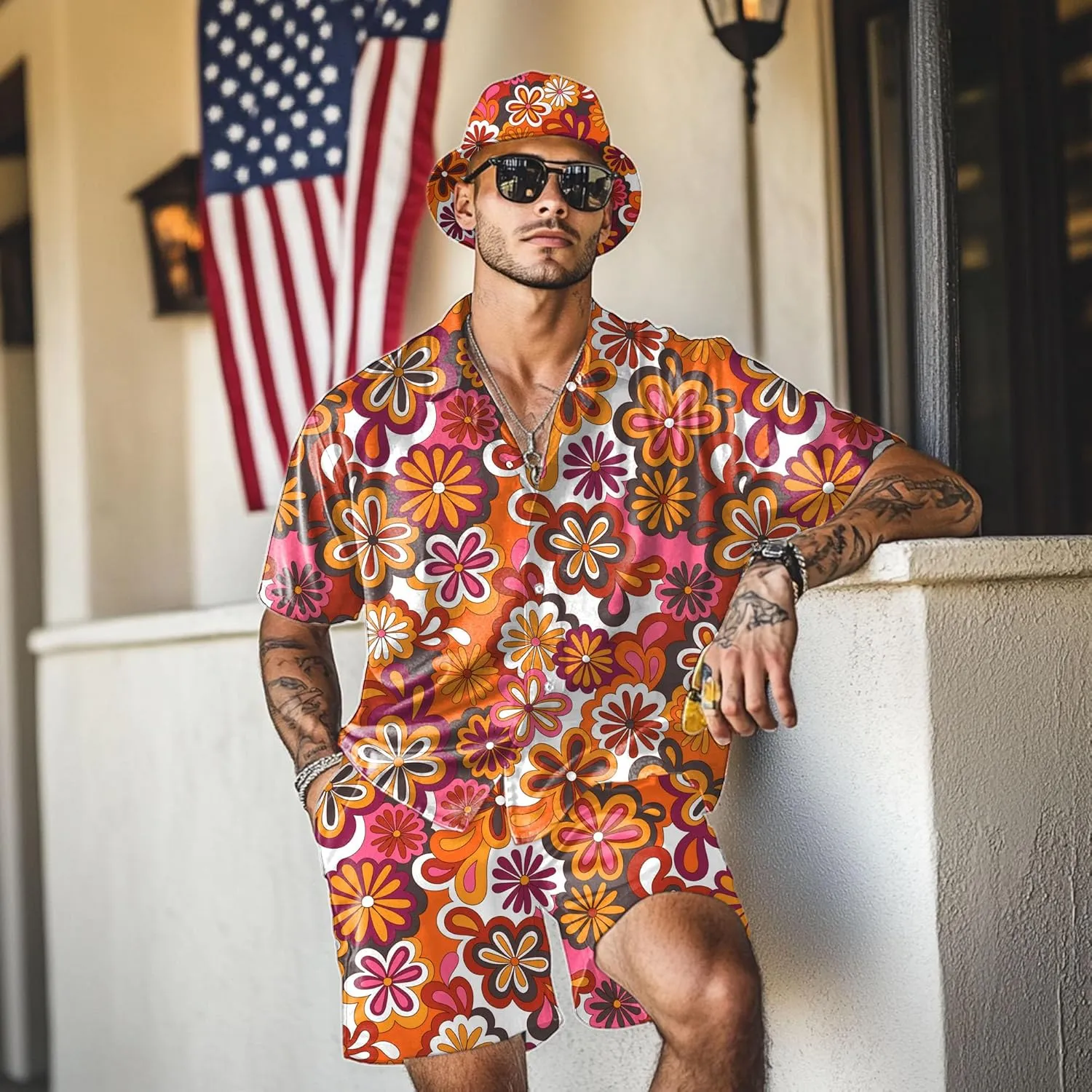 Hawaiian MenS 2 Piece Outfits Rave Duck Shirts Shorts Outfits Tropical Set with Hat