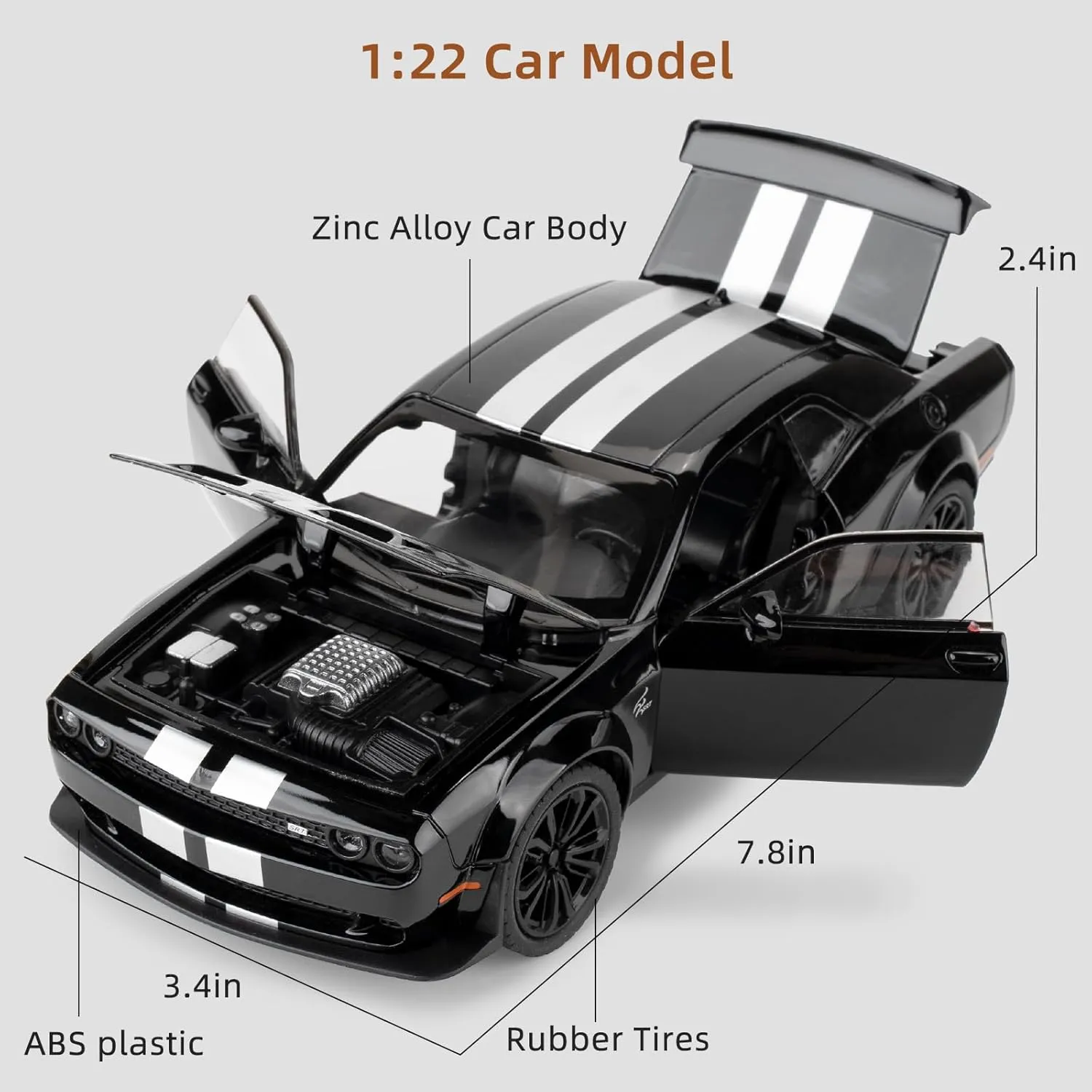 Hellcat Toy Cars for Collectible 1:22 Dodge Challenger SRT Black Hellcat Toy, Diecast Vehicle Toy with Lights and Sounds,Pull Back Decoration Model Car Toy for Adults Kids Birthday Gifts