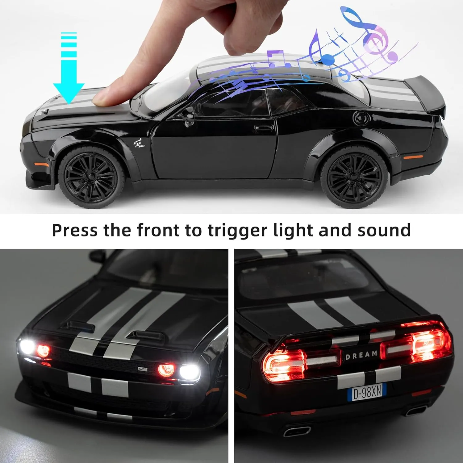 Hellcat Toy Cars for Collectible 1:22 Dodge Challenger SRT Black Hellcat Toy, Diecast Vehicle Toy with Lights and Sounds,Pull Back Decoration Model Car Toy for Adults Kids Birthday Gifts
