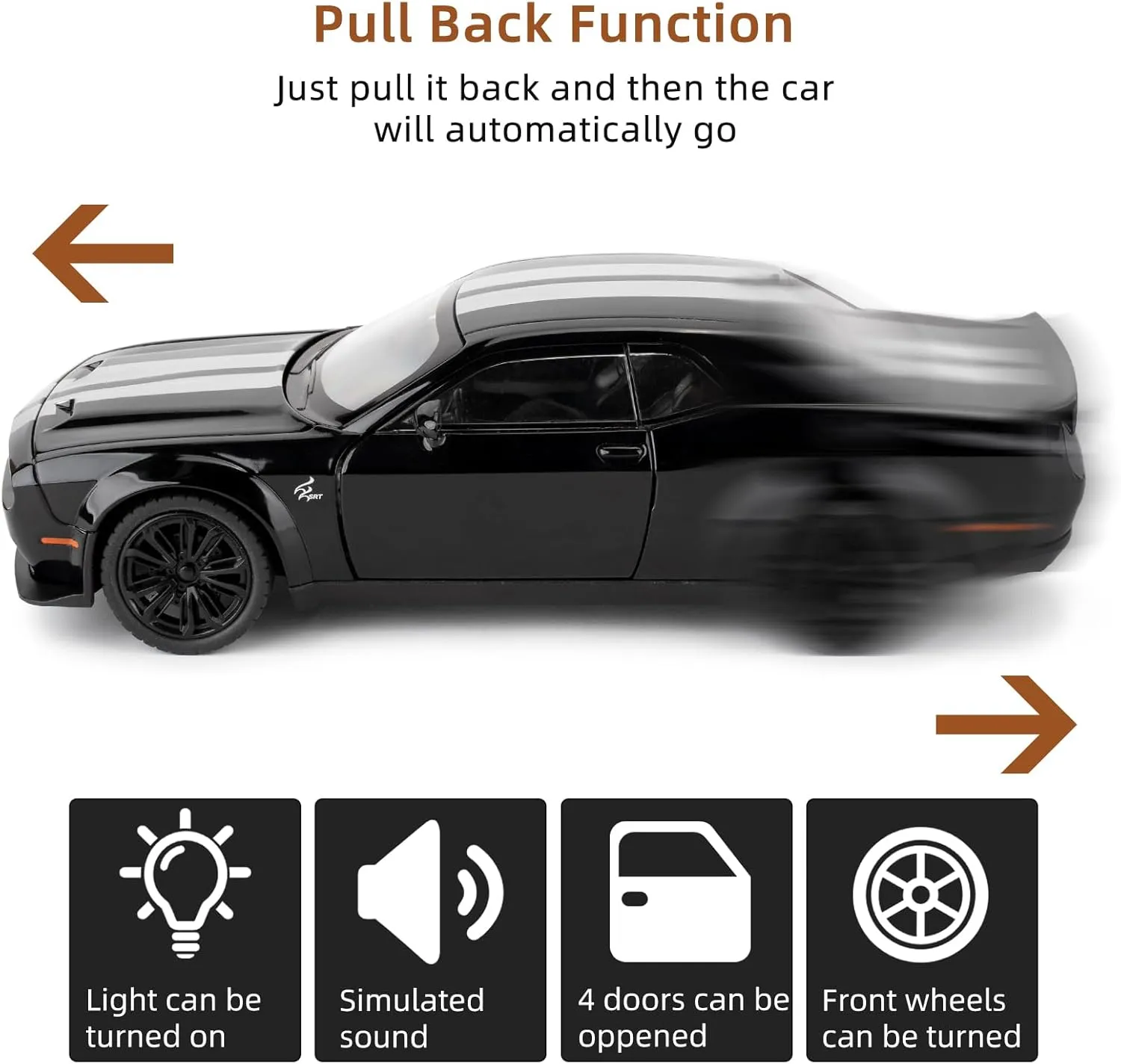 Hellcat Toy Cars for Collectible 1:22 Dodge Challenger SRT Black Hellcat Toy, Diecast Vehicle Toy with Lights and Sounds,Pull Back Decoration Model Car Toy for Adults Kids Birthday Gifts