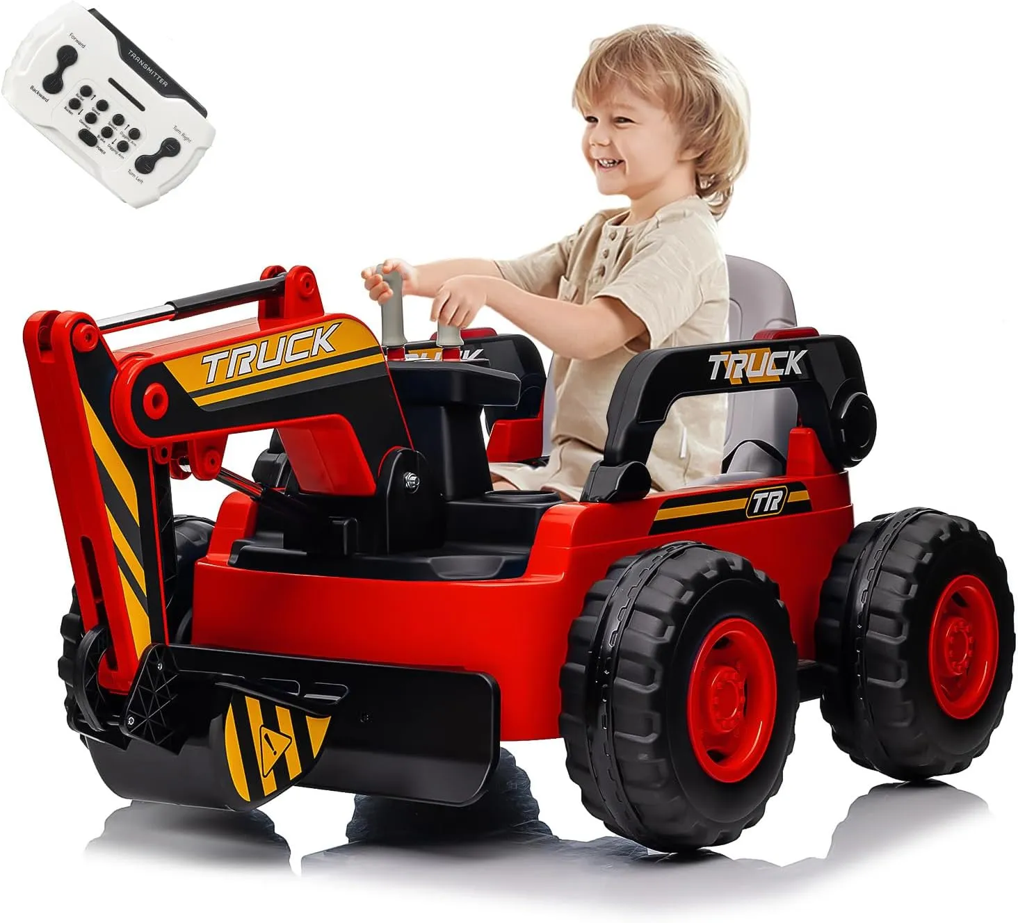 Hetoy Ride On Excavator for Kids, 4WD Electric Excavator Toy, 12V Battery Powered Construction Truck Digger with Remote Control. Spring Suspension, Bluetooth for Toddlers Over 37 Months, Red