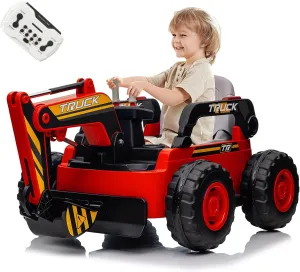 Hetoy Ride On Excavator for Kids, 4WD Electric Excavator Toy, 12V Battery Powered Construction Truck Digger with Remote Control. Spring Suspension, Bluetooth for Toddlers Over 37 Months, Red