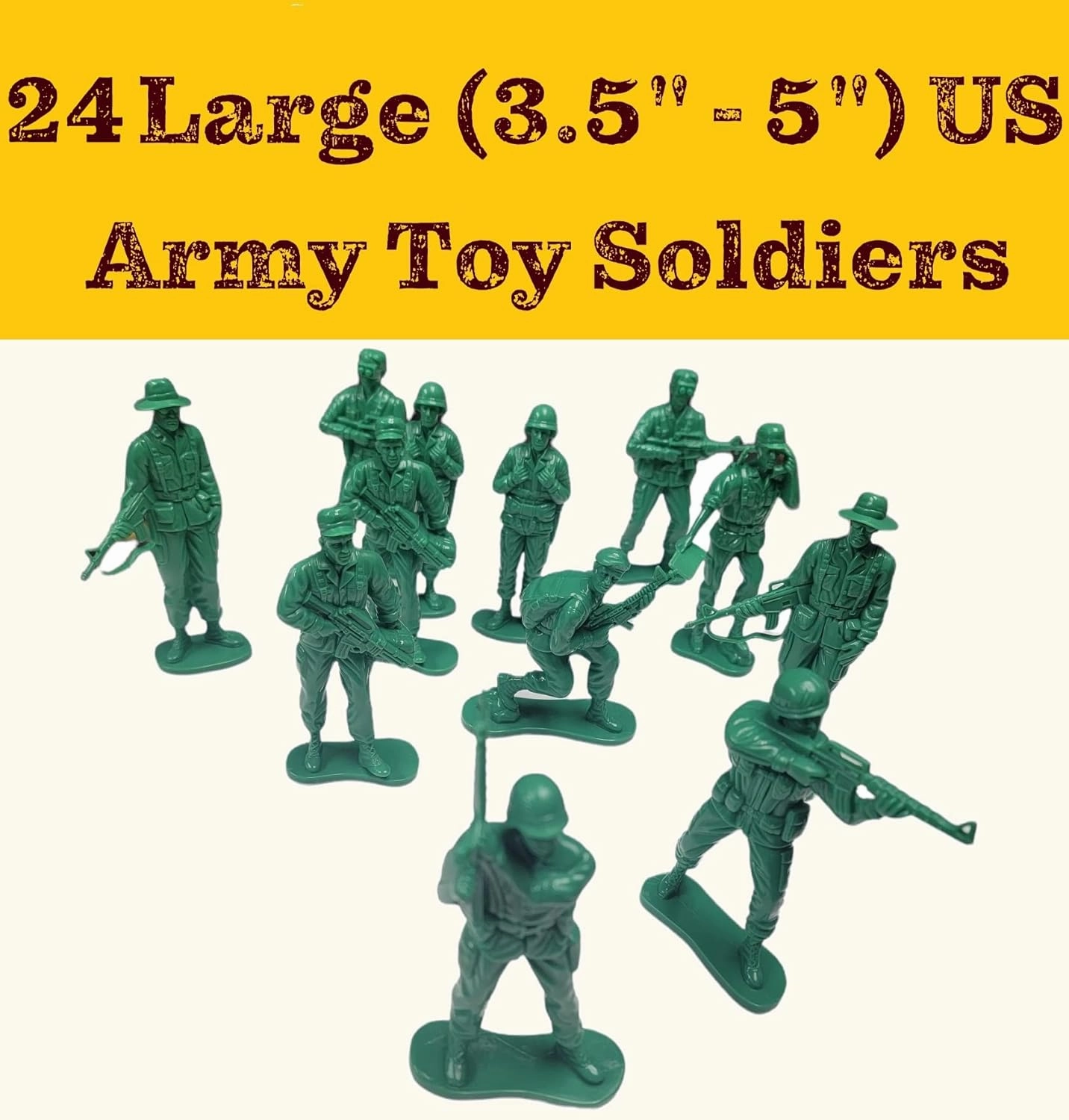 Highly Detailed Large Green US Army Men Action Figures Soldier Set. (3.5" - 5") Plastic. Military Toy Men (24 Pack)