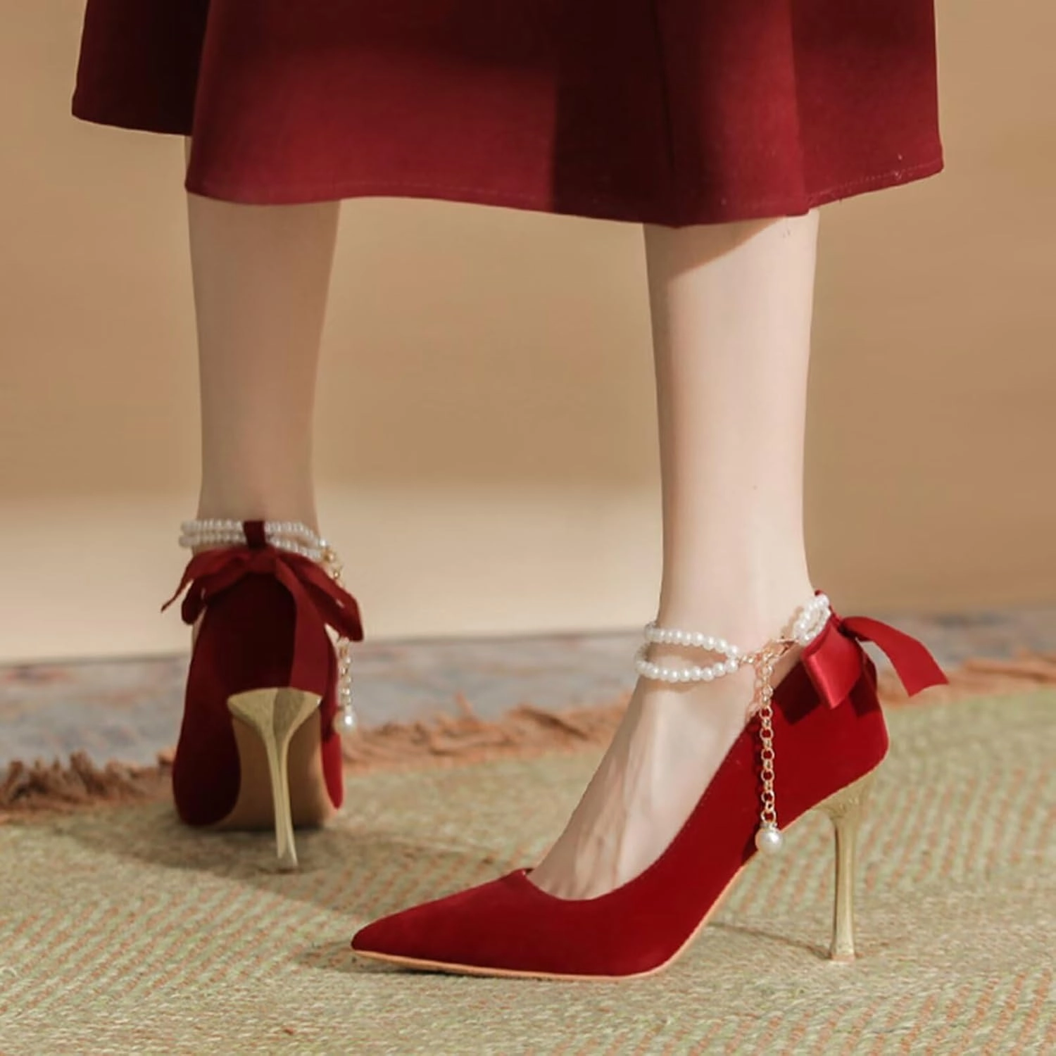 HNVAVQ Pointed Toe Court Shoes Kitten Stiletto Heel Pumps Ankle Strap Pearls Wedding Bridal Shoes for Evening Party Formals