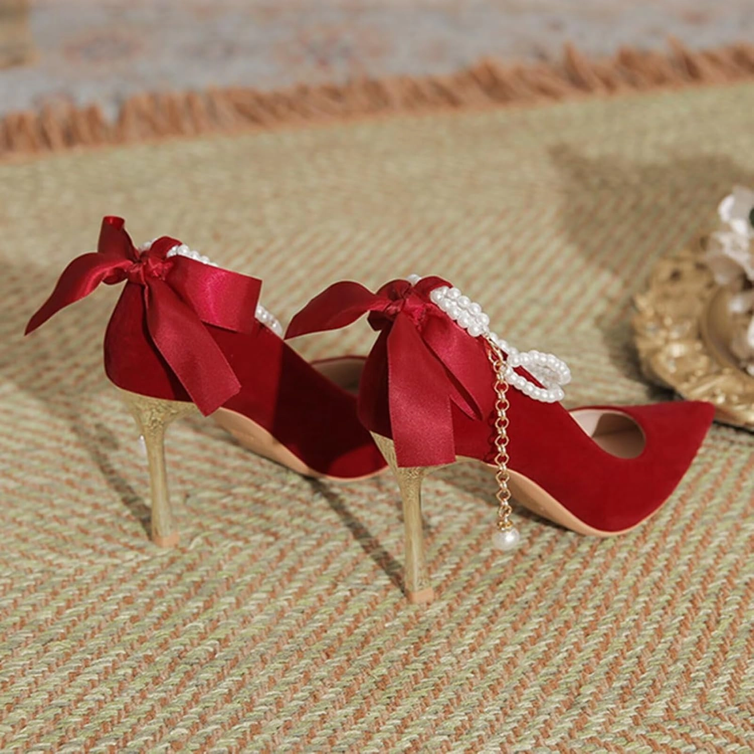 HNVAVQ Pointed Toe Court Shoes Kitten Stiletto Heel Pumps Ankle Strap Pearls Wedding Bridal Shoes for Evening Party Formals