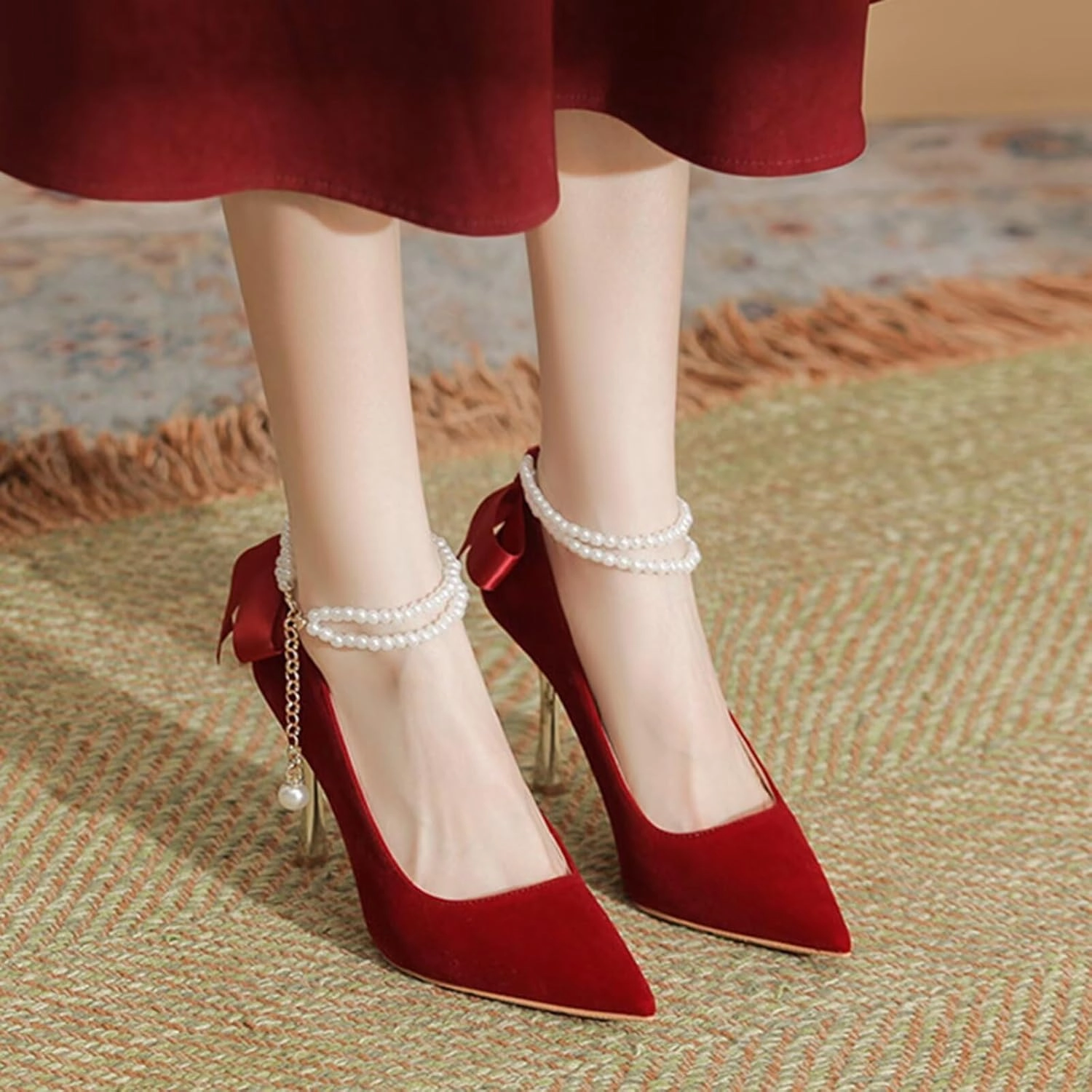 HNVAVQ Pointed Toe Court Shoes Kitten Stiletto Heel Pumps Ankle Strap Pearls Wedding Bridal Shoes for Evening Party Formals