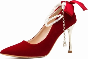 HNVAVQ Pointed Toe Court Shoes Kitten Stiletto Heel Pumps Ankle Strap Pearls Wedding Bridal Shoes for Evening Party Formals