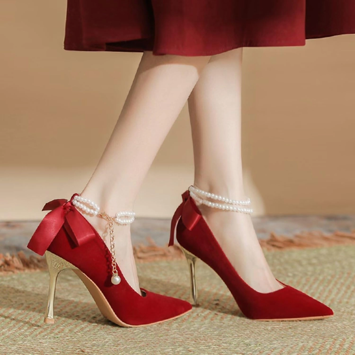 HNVAVQ Pointed Toe Court Shoes Kitten Stiletto Heel Pumps Ankle Strap Pearls Wedding Bridal Shoes for Evening Party Formals