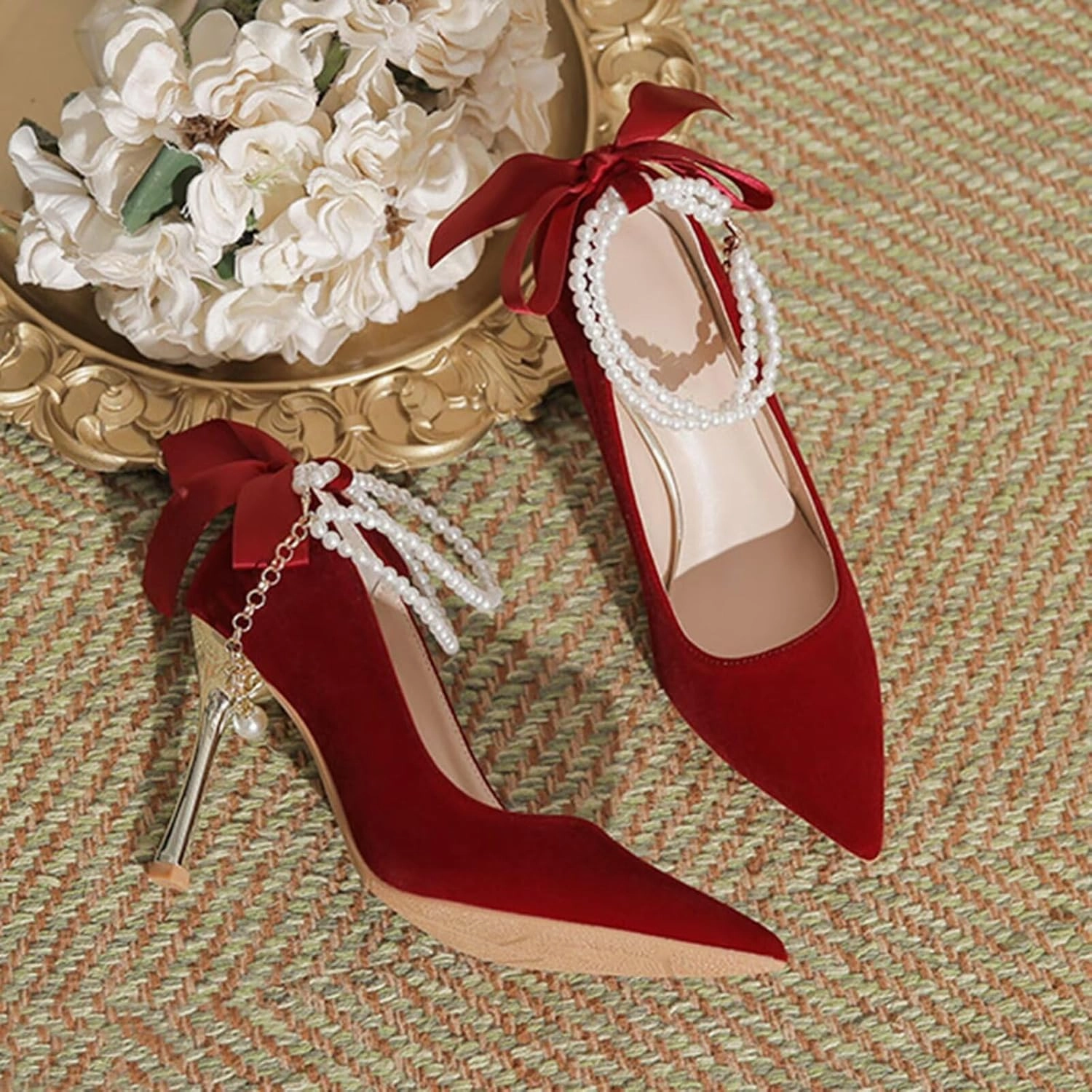 HNVAVQ Pointed Toe Court Shoes Kitten Stiletto Heel Pumps Ankle Strap Pearls Wedding Bridal Shoes for Evening Party Formals