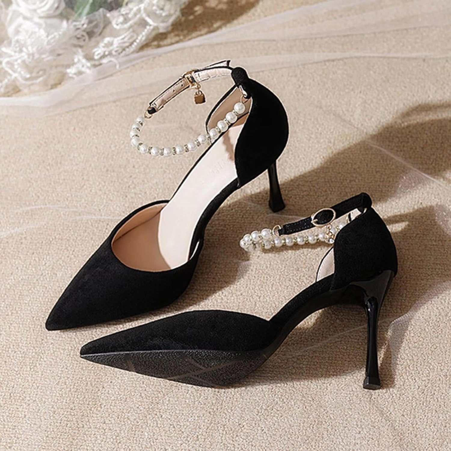 HNVAVQ Women's Pumps Closed Pointed Toe Stiletto Kitten Heels Elegant Party Wedding Dress Shoes for Women with Pearls Bride Formal Court Shoes