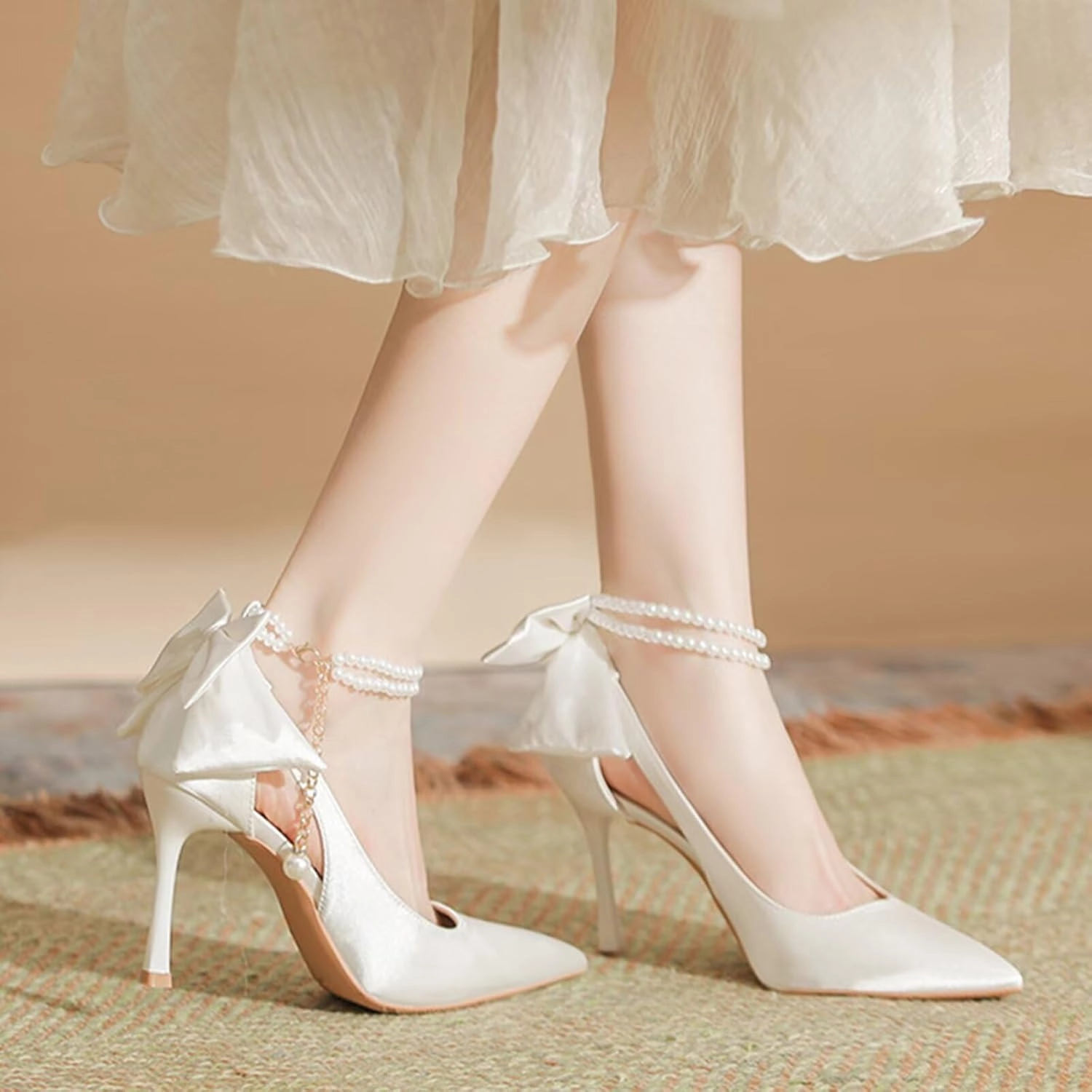 HNVAVQ Womens High Heel Pumps Office Work Pointed Toe Party Prom Wedding Bridal Shoes Ladies Stiletto Heels Court Shoe with Pearls Ankle Strap