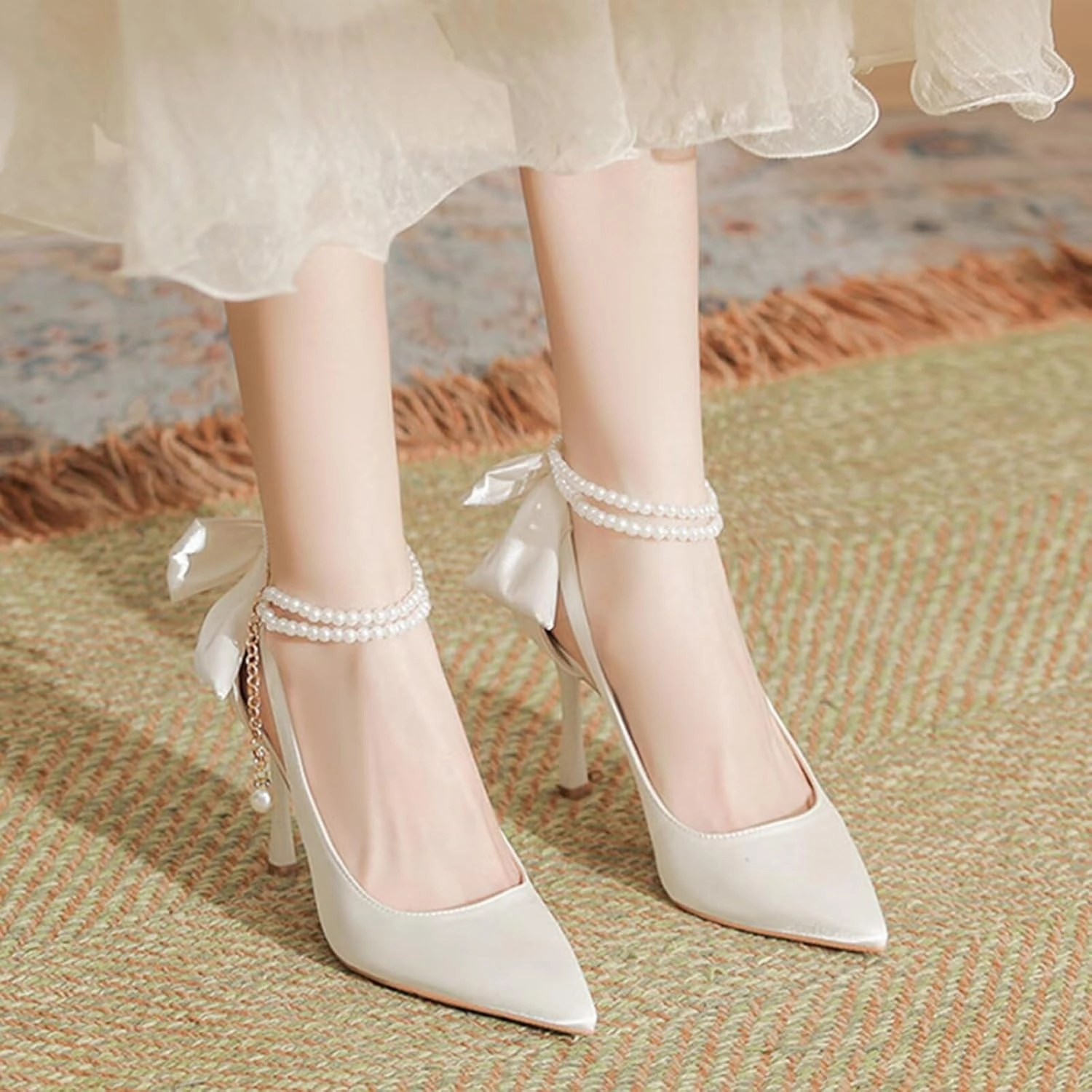 HNVAVQ Womens High Heel Pumps Office Work Pointed Toe Party Prom Wedding Bridal Shoes Ladies Stiletto Heels Court Shoe with Pearls Ankle Strap