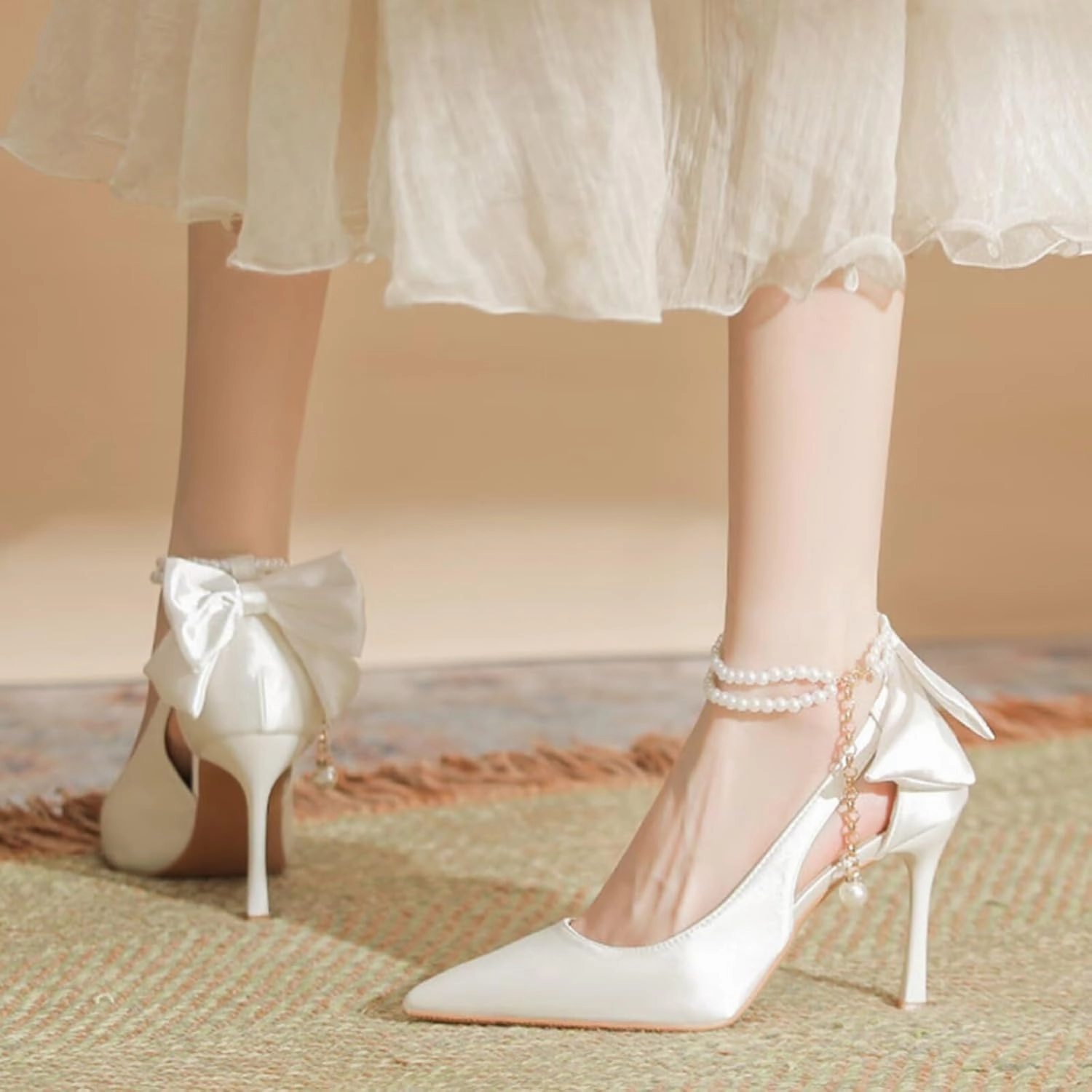 HNVAVQ Womens High Heel Pumps Office Work Pointed Toe Party Prom Wedding Bridal Shoes Ladies Stiletto Heels Court Shoe with Pearls Ankle Strap