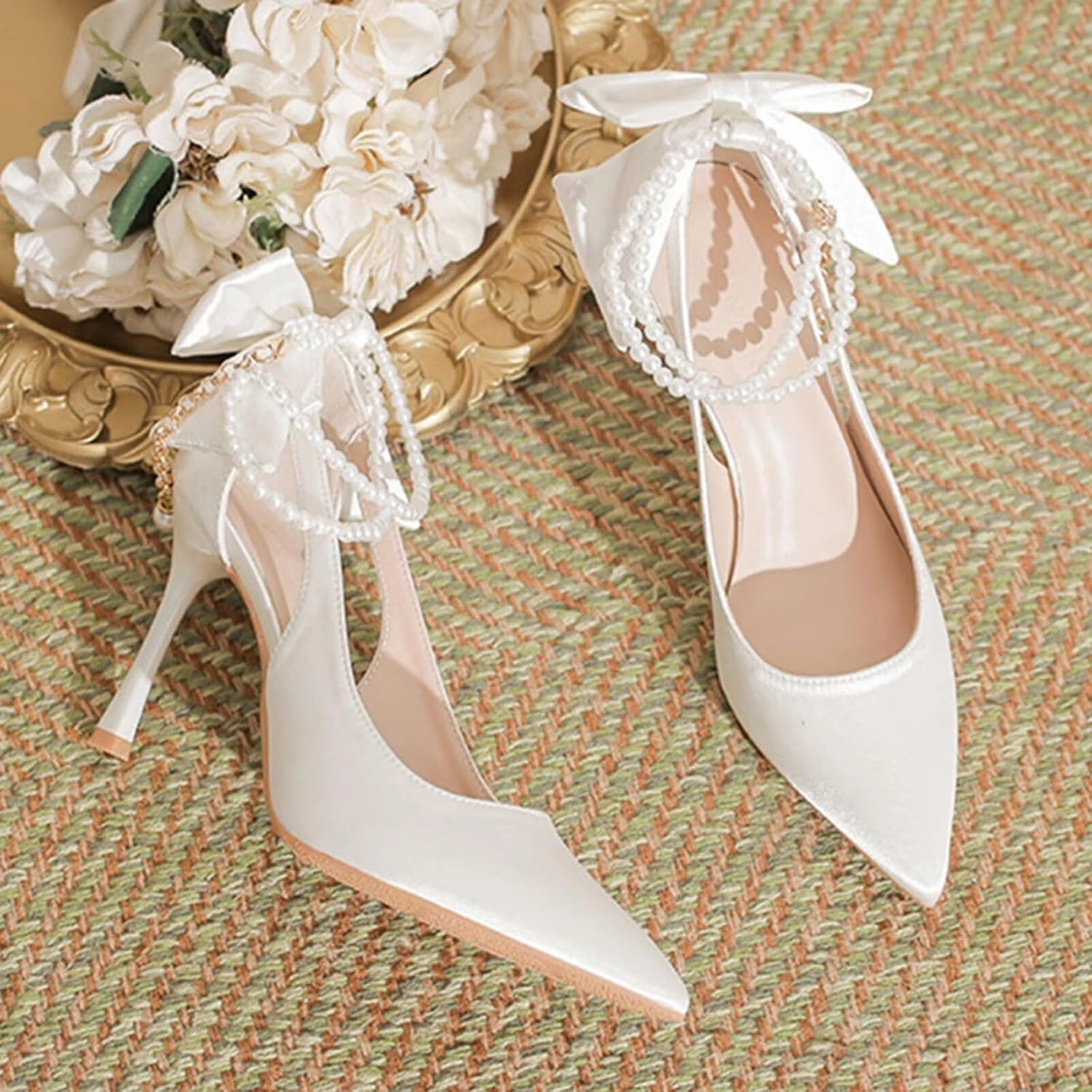 HNVAVQ Womens High Heel Pumps Office Work Pointed Toe Party Prom Wedding Bridal Shoes Ladies Stiletto Heels Court Shoe with Pearls Ankle Strap