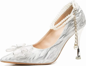 HNVAVQ Womens Wedding Shoes Kitten Stiletto Heel Ladies Ankle Strap Pointed Toe Sparkly Bridal Evening Party Court Shoes Bow Pumps