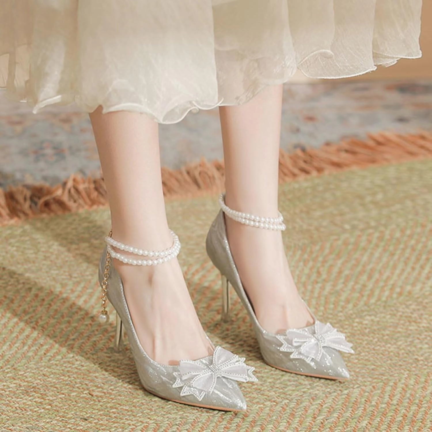 HNVAVQ Womens Wedding Shoes Kitten Stiletto Heel Ladies Ankle Strap Pointed Toe Sparkly Bridal Evening Party Court Shoes Bow Pumps