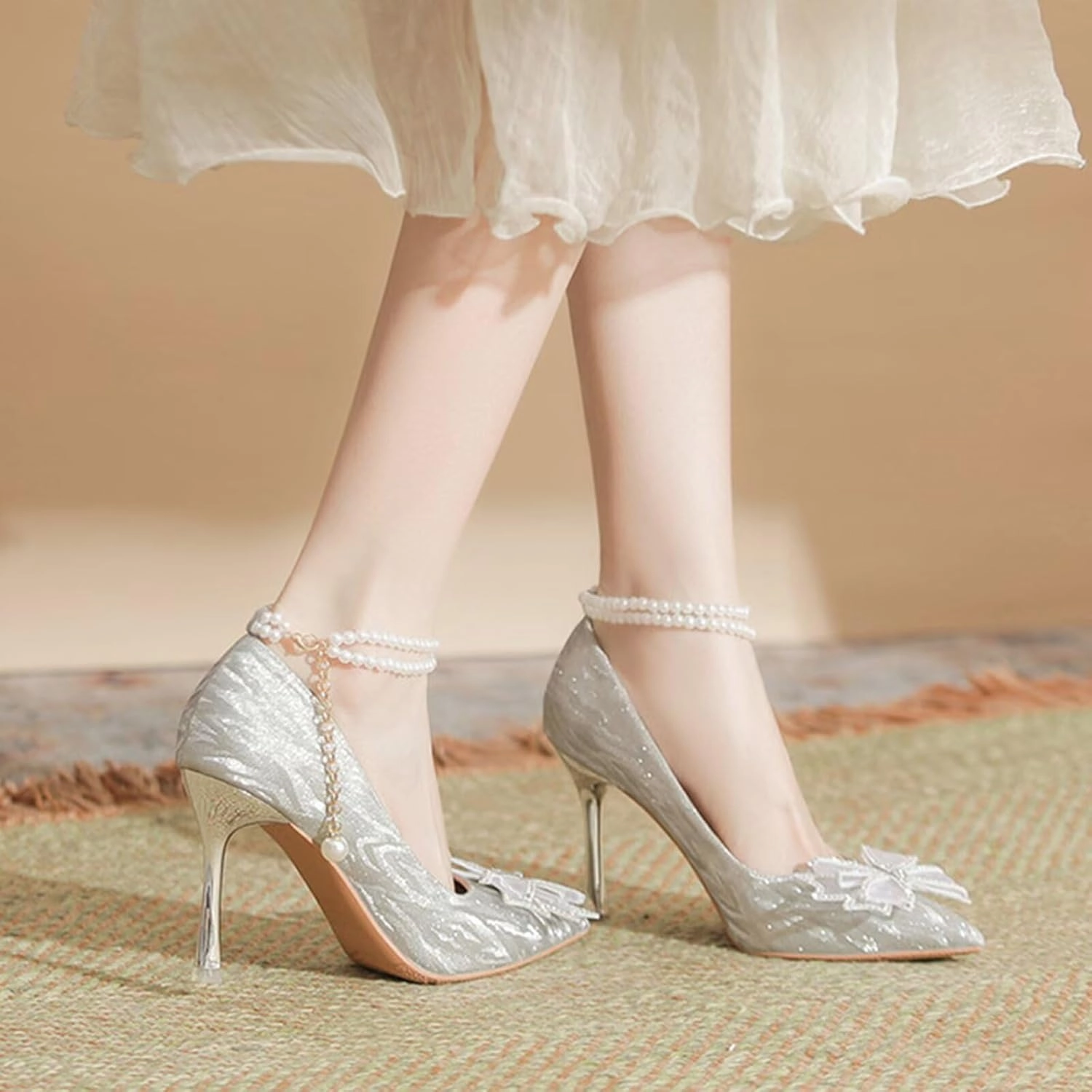 HNVAVQ Womens Wedding Shoes Kitten Stiletto Heel Ladies Ankle Strap Pointed Toe Sparkly Bridal Evening Party Court Shoes Bow Pumps
