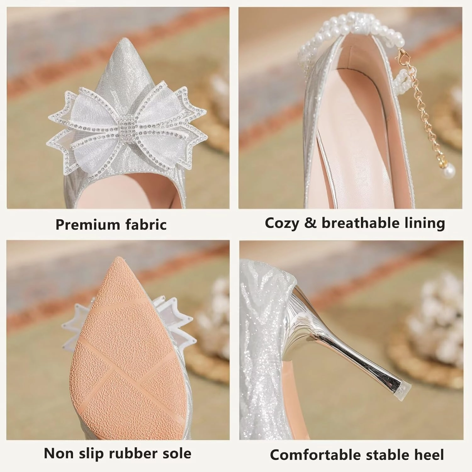 HNVAVQ Womens Wedding Shoes Kitten Stiletto Heel Ladies Ankle Strap Pointed Toe Sparkly Bridal Evening Party Court Shoes Bow Pumps