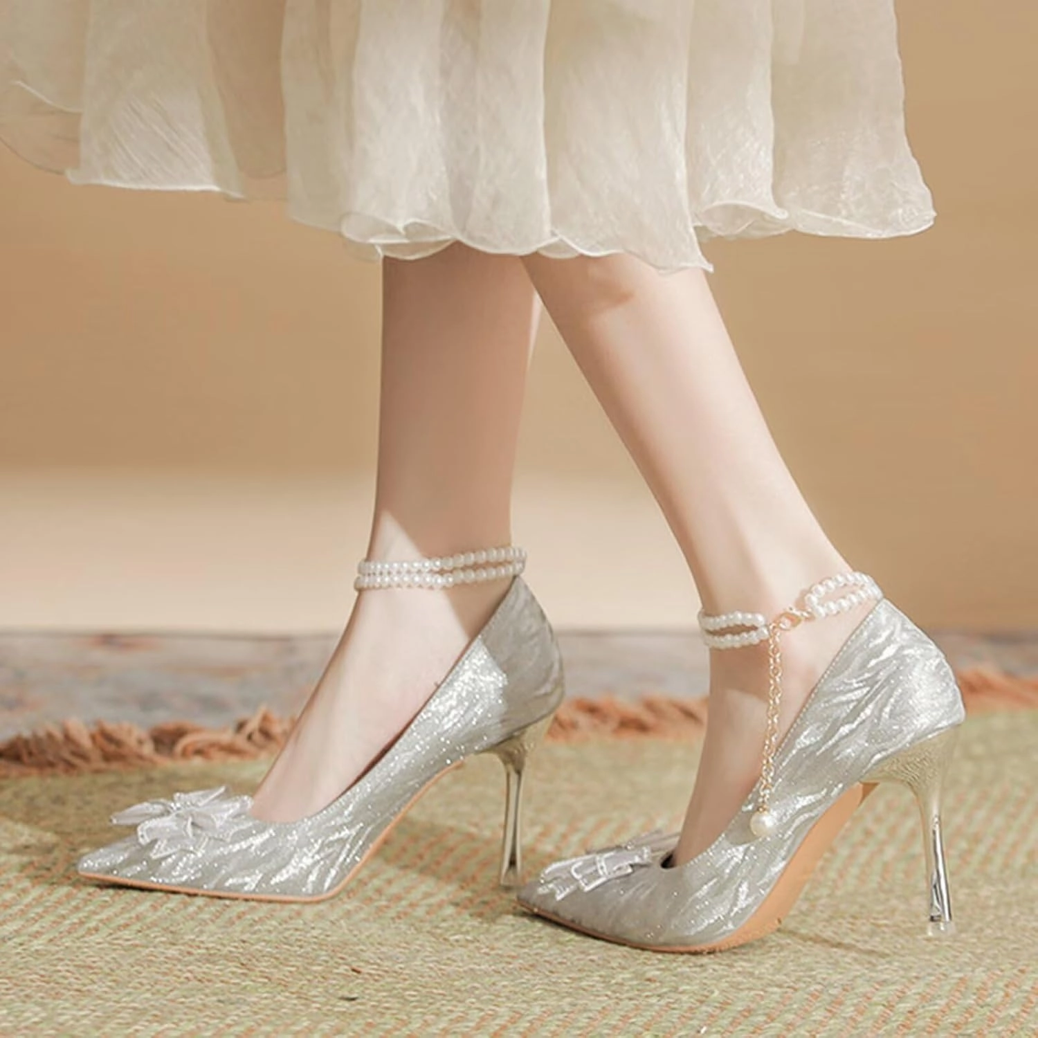 HNVAVQ Womens Wedding Shoes Kitten Stiletto Heel Ladies Ankle Strap Pointed Toe Sparkly Bridal Evening Party Court Shoes Bow Pumps