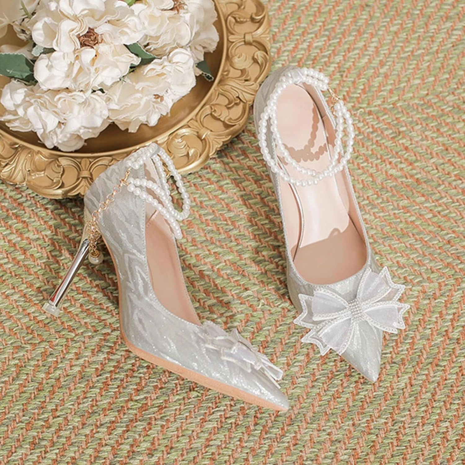 HNVAVQ Womens Wedding Shoes Kitten Stiletto Heel Ladies Ankle Strap Pointed Toe Sparkly Bridal Evening Party Court Shoes Bow Pumps